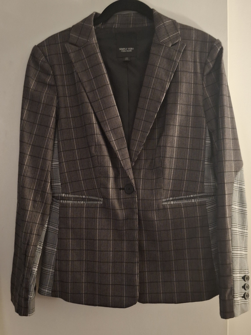 Simply Vera Wang Women's Two-tone Gray Plaid Black Satin Lined Blazer Jacket